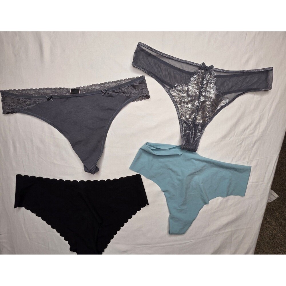 NWT Victoria's Secret Panties Lot of 4 Size Large Lace Thong Bikini Black Gray